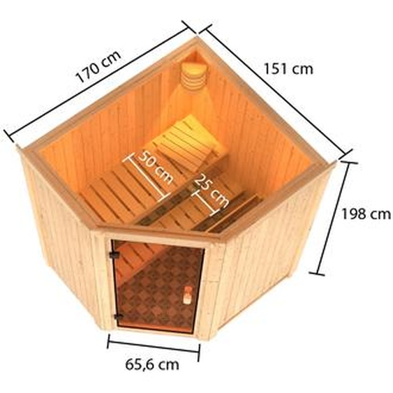 Sauna Woodfeeling Faurin (entrée dangle), porte entièrement vitrée, bronzée, sans accessoires