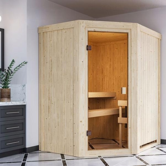 Sauna Woodfeeling Faurin (entrée dangle), porte entièrement vitrée, finition bronze, poêle 9 kW avecintégrée