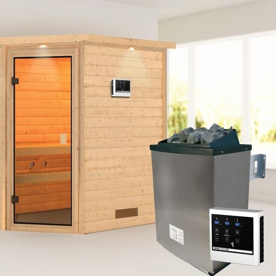 Sauna Woodfeeling Jella (entrée dangle), porte entièrement vitrée, finition bronze, poêle 9 kW avecexterne « easy »