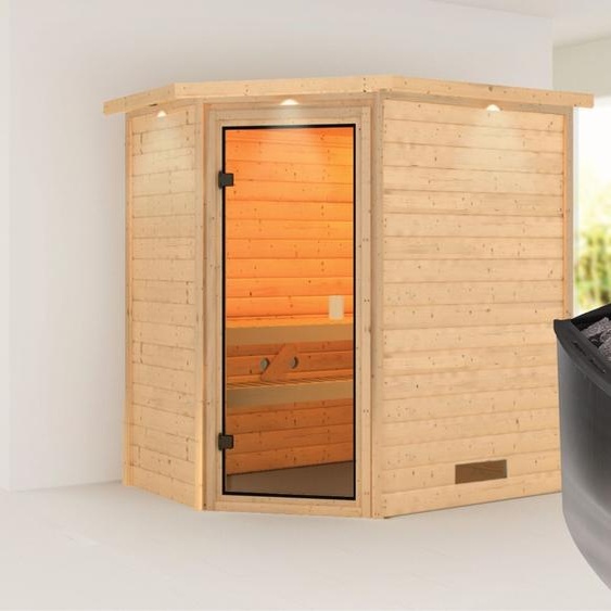 Sauna Woodfeeling Jella (entrée dangle), porte entièrement vitrée, finition bronze, poêle 9 kW avecintégrée
