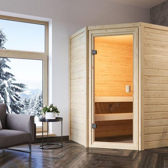 Sauna Woodfeeling Jella (entrée dangle), porte entièrement vitrée, finition bronze, poêle 9 kWavecexterne easy