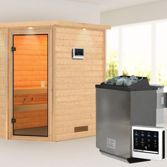 Sauna Woodfeeling Jella (entrée dangle), porte entièrement vitrée, finition bronze, poêle 9 kWavecexterne easy