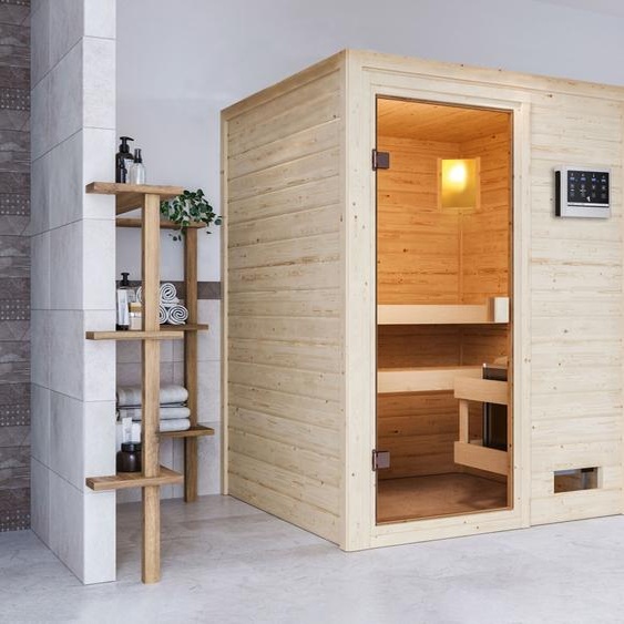 Sauna Woodfeeling Sandra (entrée frontale), porte entièrement vitrée, finition bronze, poêle 3,6 kW avecintégrée
