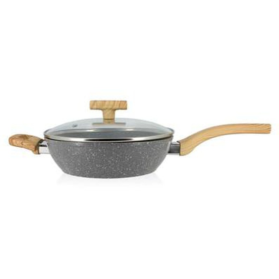 Sauteuse cannelle 24cm avec couvercle en verre et poignees bois clair