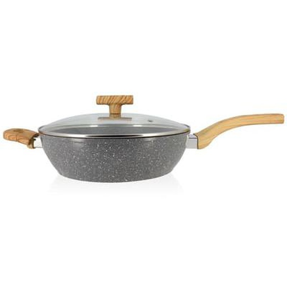 Sauteuse cannelle 28cm avec couvercle en verre et poignees bois clair