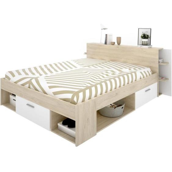 SAX Lit adulte - 140x190 cm - 3 tiroirs + Tête de lit avec rangement - Décor chêne et blanc
