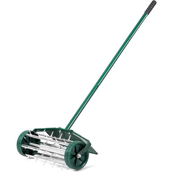 Scarificateur Manuel avec Protection Anti-éclaboussures et Clous de 3 cm, Rouleau Aérateur de Pelouse pour herbe et gazon, Tambour à Pointes avec