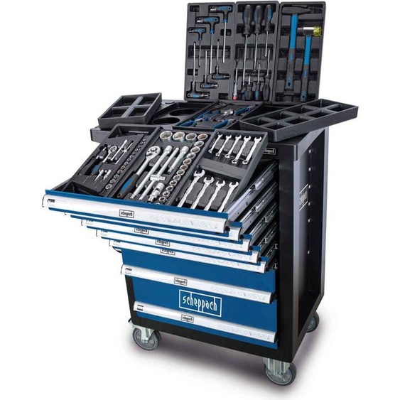 Scheppach Chariot datelier TW1100 Chariot doutillage Coffre à outils avec 4 roulettes | 7 tiroirs - 70 pcs. inclus. Set doutils | verrouillable et mobile