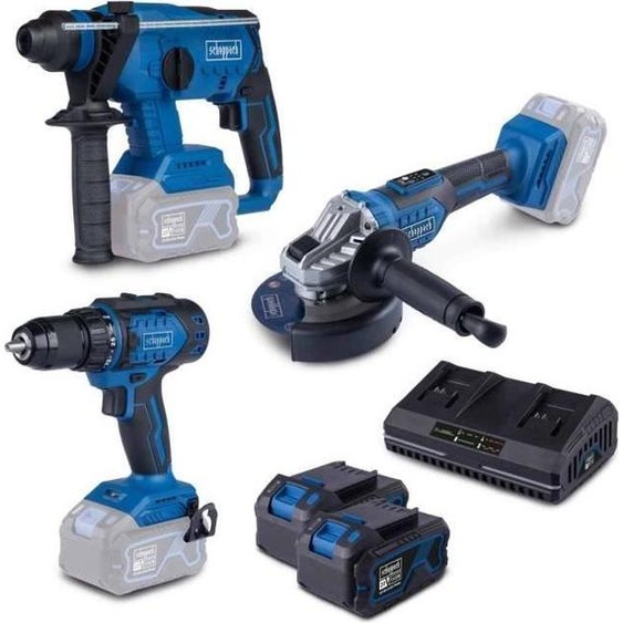 Kit Outils SCHEPPACH 3 pièces, 2 Batteries 4Ah, Perceuse Visseuse, Meuleuse dAngle, Perforateur Burineur, Sans Fil 20V IXES + Chargeur