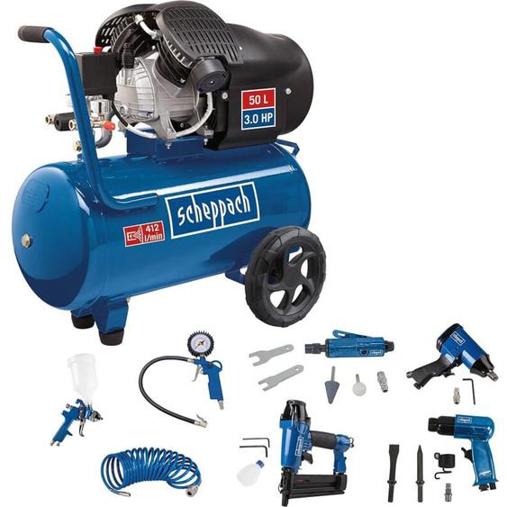 Scheppach - Compresseur bicylindre HC55DC - 50L -Lubrifié - 10bar - 2200W / 3PS - 412L/min de débit daspiration - + Set daccessoires pneumatiques