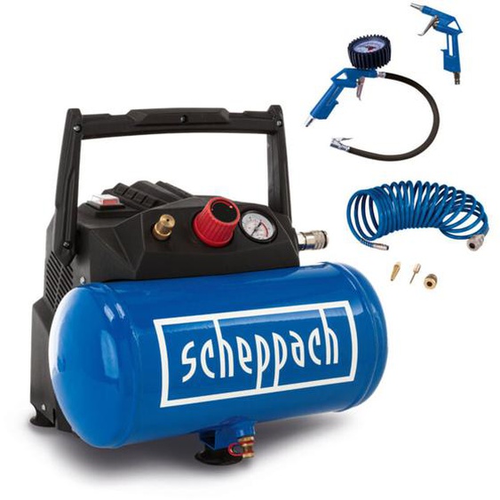 Scheppach - Compresseur dair HC06 – 1200 w – Sans huile – 8 bar – Puissance daspiration 192 l/min – Compresseur dair mobile et compact – Set