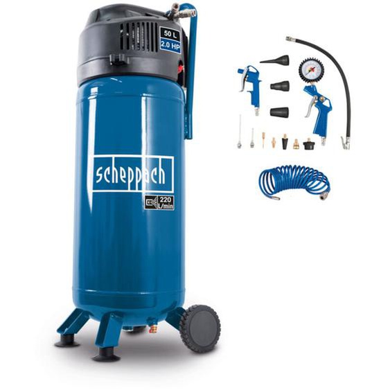 Scheppach - Compresseur vertical portatif HC51V – Moteur puissant 1500 w – Sans huile – Cuve de 50 l – 10 bar – Puissance daspiration 220 L/min – 13