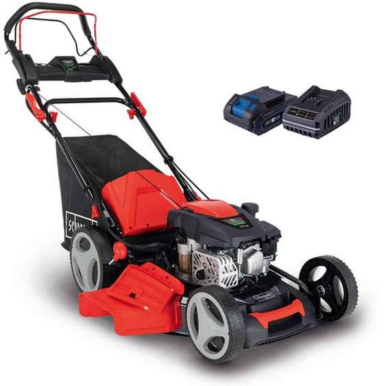 Scheppach MS173-51E Tondeuse à gazon à essence avec démarrage électrique | 4,1CV | 51cm de largeur de coupe | Entraînement des roues | Fonction mulching | 65L de bac de ramassage | 7 positions de réglage
