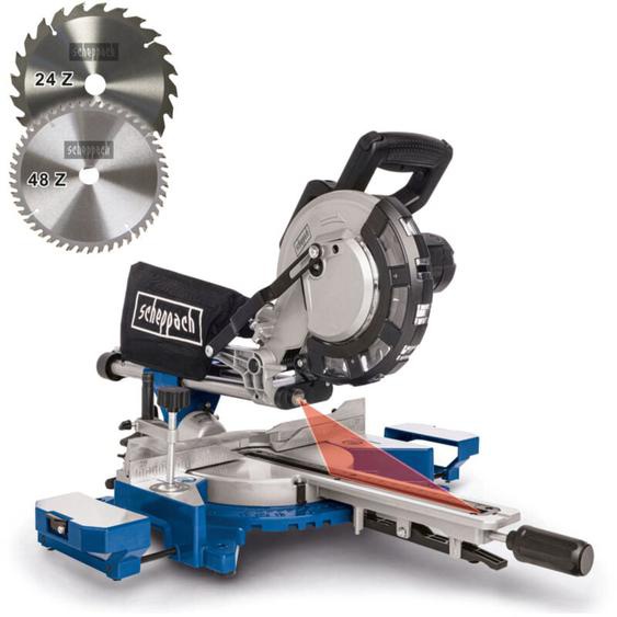 Scie à onglet HM216 - 2000 w - Lame ø 216 mm - Grande largeur de coupe 340 mm - Laser - 2 lames, butées dangle & rallonges latérales incluses