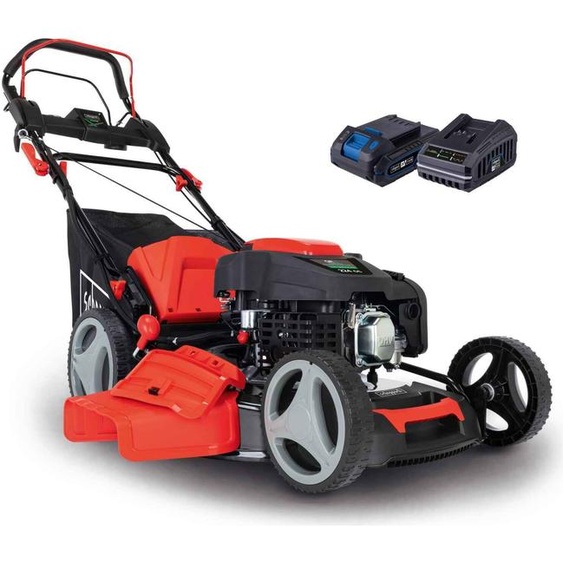 Scheppach Tondeuse à essence MS225-53E avec démarrage électrique | roues motrices | 6 CV | 53 cm de largeur de coupe | 65 litres de bac de ramassage | nettoyage | fonction mulching | éjection