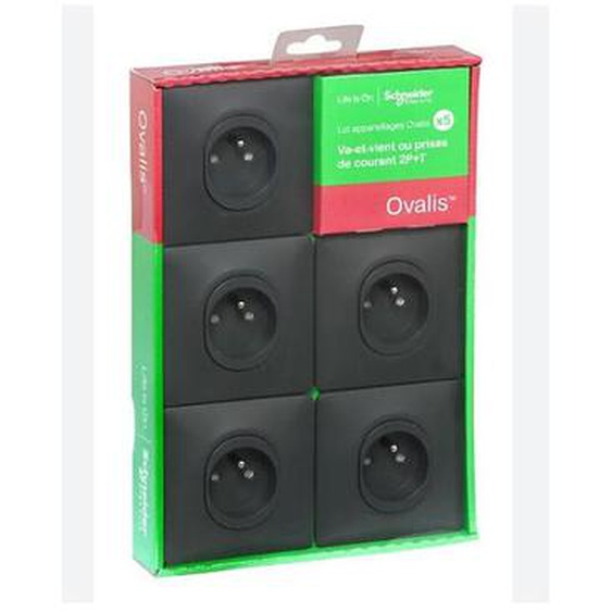 Schneider Electric - Pack de 5 prises 2P+T 16A encastré anthracite connexion auto complete avec plaque fixation vis ovalis