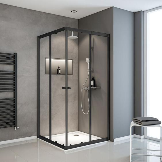 Accès dangle droit avec portes de douche coulissantes, 75 x 90 - 75 x 90 cm x 180 cm, verre 4 mm, Sunny Schulte profilé noir, verre transparent