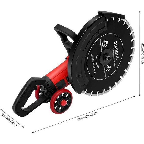 Scie à béton électrique - Rainureuse - 4 000–5 999 W - Profondeur de coupe 16,5 cm - Refroidissement par eau - Faible dégagement de poussière - Réglage de la profondeur - Prise UE - Noir/Rouge