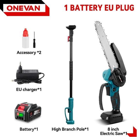 Scie à branches télescopique électrique - Tronçonneuse télescopique 2-en-1 - 5500 W - Sans balais - Sans fil, 1 batterie incluse - Lame de 20 cm - Orange