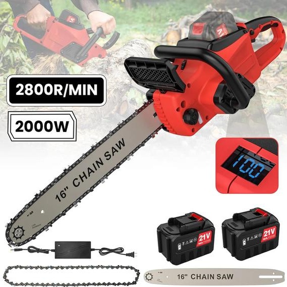 Scie à chaîne électrique sans fil - 40 cm - Moteur sans balais - 2 batteries rechargeables - Scie manuelle pour le jardin et le bois de chauffage - Rouge
