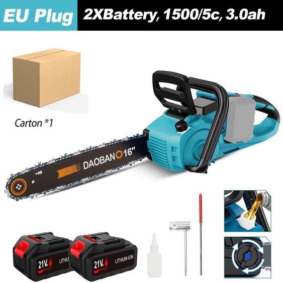 Scie à chaîne électrique - Scie à chaîne sans fil, lame de 40 cm - 1500 W - Moteur sans balais - Lubrification automatique de la chaîne - Coffret comprenant 2 batteries - Idéale pour le jardin et le bois de chauffage