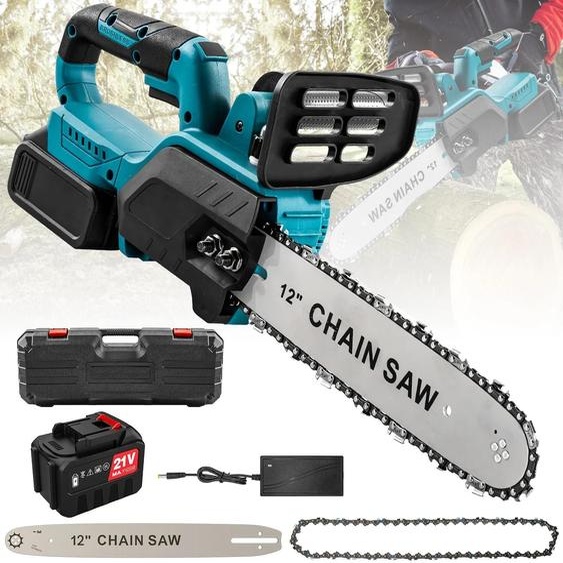 Scie à chaîne électrique - Scie à moteur sans fil de 1500W, sans balais, avec une lame de 30 cm - Fonctionne sur batterie 18V - Portative, idéale pour couper du bois de chauffage - 1 batterie incluse