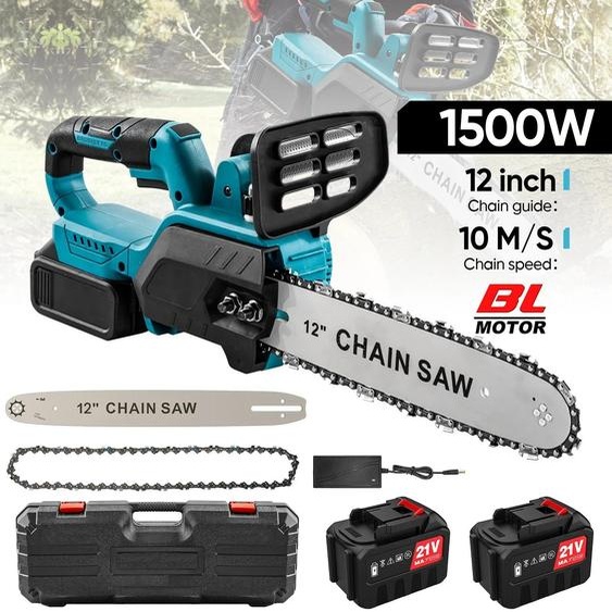 Scie à chaîne électrique - Scie à moteur sans fil de 30 cm - 1500W - 18V - Sans balais - Livrée avec 2 batteries - Portative, pour le bois et le jardin