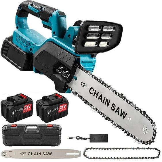 Scie à chaîne électrique - Scie à moteur sans fil de 30 cm - Moteur sans balais de 1500 W - Alimentation par batterie 18 V - Modèle à main - Livrée avec 2 batteries