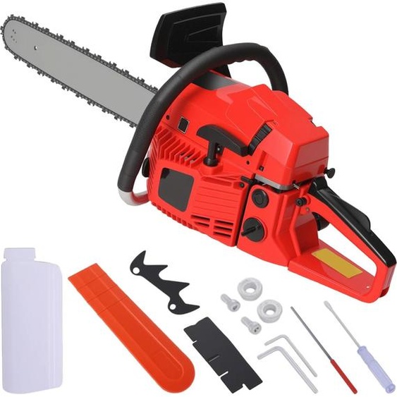Scie à chaîne essence - Scie à moteur 58cc, 2 temps - Puissance de 2,4 kW - Lame de 50 cm - Anti-vibration - Idéale pour le bois de chauffage et les travaux forestiers - Rouge