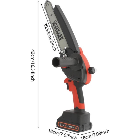 Scie à chaîne mini - Scie sauteuse sans fil de 20 cm - 21V avec 2 batteries - Moteur sans balais de 800W - Idéale pour lélagage et le jardinage - Coffret de transport - Noir