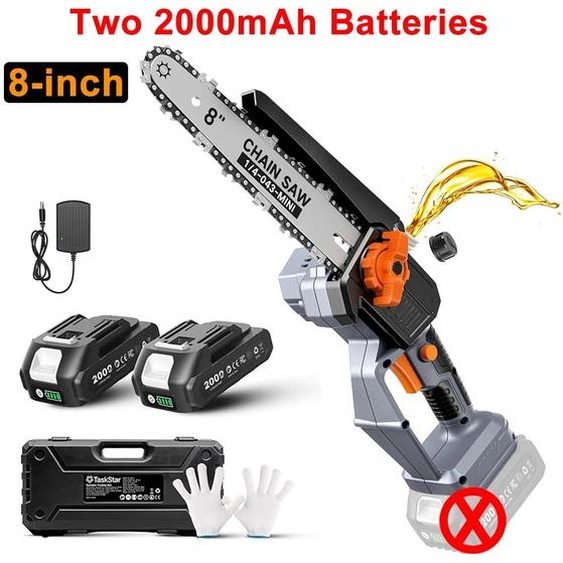 Scie à chaîne sans fil compacte - Moteur sans balais - Lame de 20 cm - 2 batteries de 2,0 Ah - Pour le bois et les branches