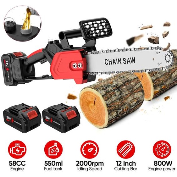 Scie à chaîne sans fil - Mini-scie à chaîne compacte - Moteur sans balais - 20 V - 2 batteries - Largeur de coupe de 35 cm - Couleur : rouge carmin