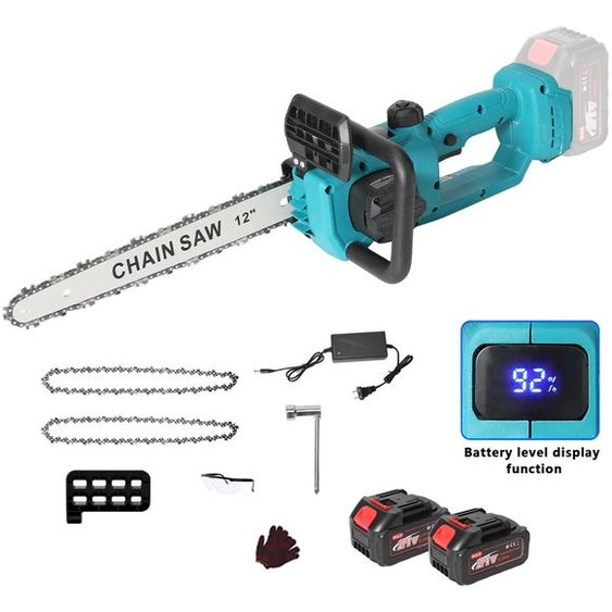 Scie à chaîne sans fil - Moteur sans balais - 3000 W - Lame de 30 cm - Affichage numérique - 2 batteries - 2 chaînes de scie