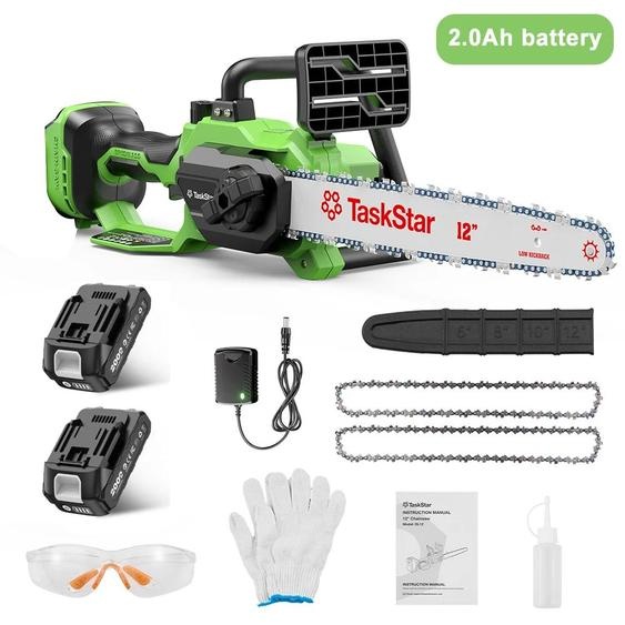 Scie à chaîne sans fil - Scie à chaîne compacte - Moteur sans balais - Lame de 30 cm - 21 V - 2 batteries de 2,0 Ah - Lubrification automatique de la chaîne