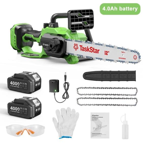 Scie à chaîne sans fil - Scie à chaîne - Moteur sans balais - Lame de 30 cm - 700 W - 21 V - 2 batteries de 4,0 Ah - Profondeur de coupe de 30 cm