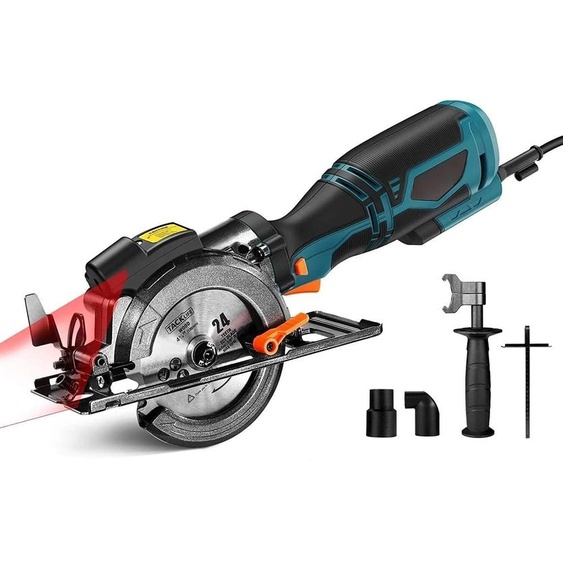 Scie circulaire compacte - Moteur 710W - Guide laser - Coupe dangle à 45° - Profondeur de coupe de 43 mm - 6 lames de scie - Bleu