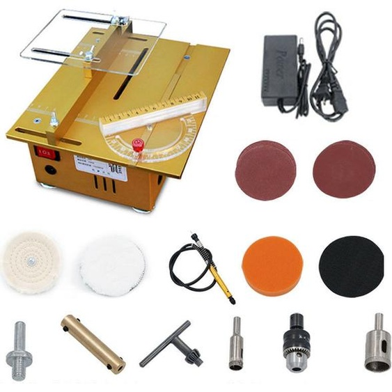 Scie circulaire de table Mini scie de table DIY Hauteur de coupe 0-27mm Scie circulaire pour les travaux manuels de modélisme en métal, plastique, acrylique et bois, taille de la table 24 x 20cm (100W, or)