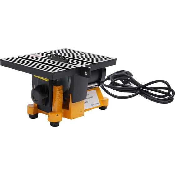 Scie circulaire électrique sur table - Mini scie sur table - 90 W - Table 19 x 14,2 cm - Bois 1,5 cm - Métal 0,4 cm - Alimentation secteur - Aluminium et fonte - Jaune