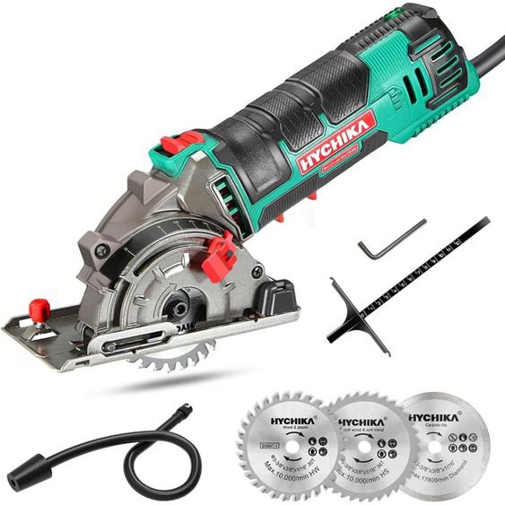 500W Mini Scie Circulaire, 4500RPM, Profondeur de coupe: 0-25mm, Moteur en Cuivre Pur, 3 Lames pour les coupes de bois, de métal mou, de carreaux et