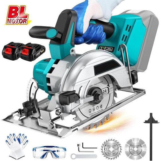Scie circulaire sans balais à batterie - Alimentée par batterie - Lame de 125 mm - Tension 18 V - Avec 2 batteries - Réglable - Pour le bois - Rouge carmin