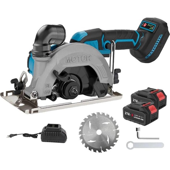 Scie circulaire - Sans balais, alimentée par batterie 150 mm - Batteries 2×18 V 1,5 Ah + chargeur - Profondeur de coupe 54 mm - Inclinaison 45° - Poids 3,5 kg - Rouge carmin