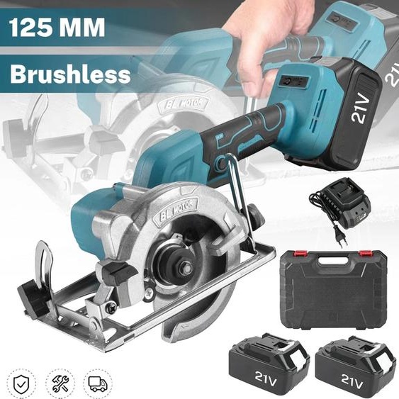 Scie circulaire - Sans balais, batterie - Lame de scie 125 mm - Système 18 V - Angle réglable - Avec 2 batteries - Rouge carmin