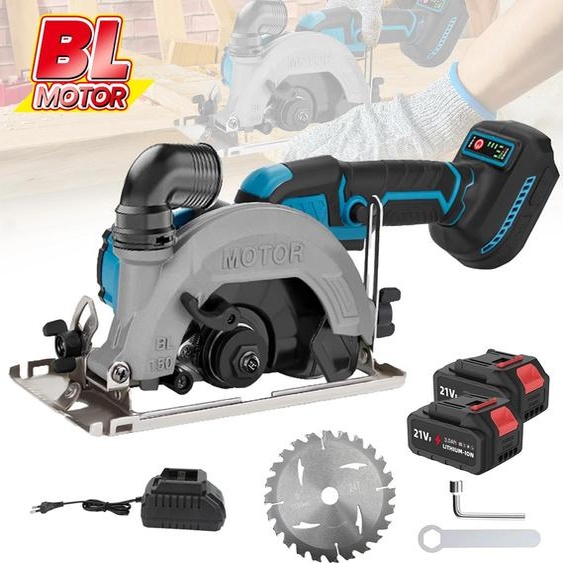 Scie circulaire sans fil - Moteur sans balais - Lame de scie 15 cm - Comprend 2 grandes batteries - Pour le bois - Profondeur de coupe/onglet réglable - Rouge carmin