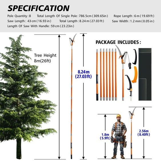 Scie élagage télescopique - Scie élagage réglable - Sécateur - Scie de jardin - Tige en fibre de verre