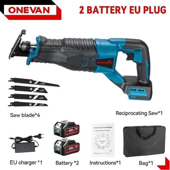 Scie électrique - Scie sabre/tronçonneuse sans fil - 3000 W - 10 000 coups/min - 2 batteries incluses - Moteur à balais - Pour le bois - Vert clair