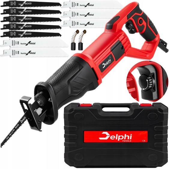 Scie sabre électrique Delphi Tools 750W avec poignée rotative, système de changement de lame rapide, réglage de la vitesse et mallette – pour le bois,