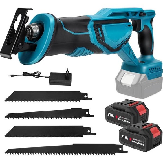 Scie sabre sans balais - Scie alternative sans fil - 2 batteries - 4 lames incluses - Pour bois, métal et tuyaux en PVC - Vert clair