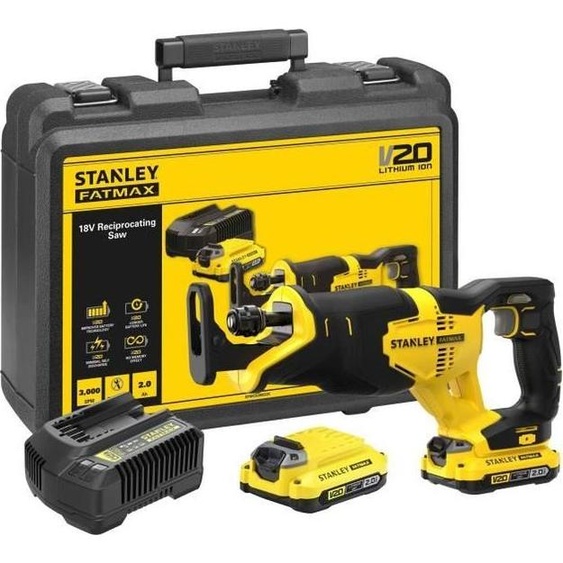 Scie Sabre sans Fil Stanley Fatmax 18V, Profondeur de Coupe 300mm, 2 Batteries 2Ah, Chargeur, SFMCS300D2K-QW