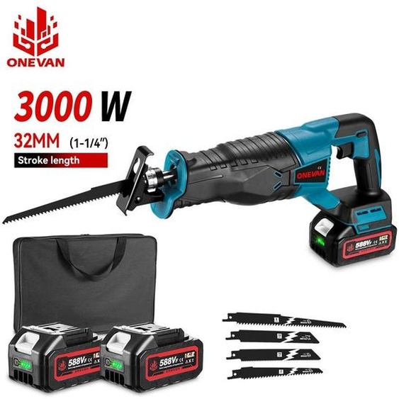 Scie sabre sans fil - Moteur sans balais - 3000 W - Kit comprenant 2 batteries - Pour le bois, le métal et les tuyaux - Rouge