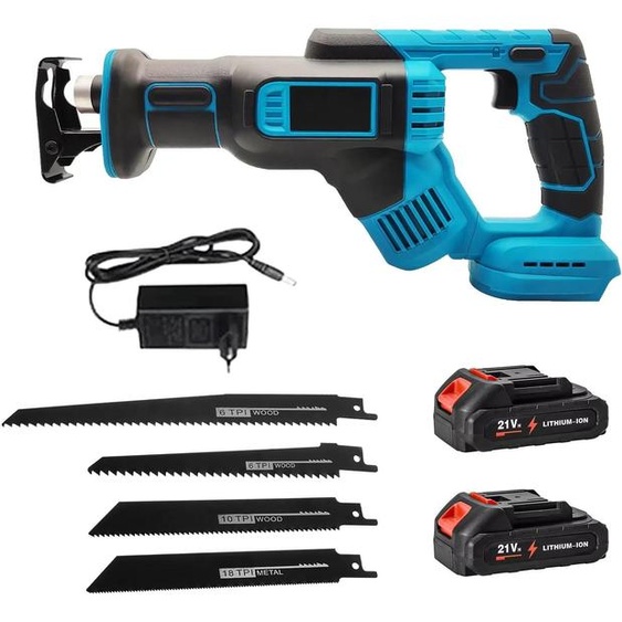 Scie sabre / scie alternative - Batterie - Vitesse variable - Changement de lame sans outil - Verrouillage de sécurité - Avec 2 batteries - Jaune clair